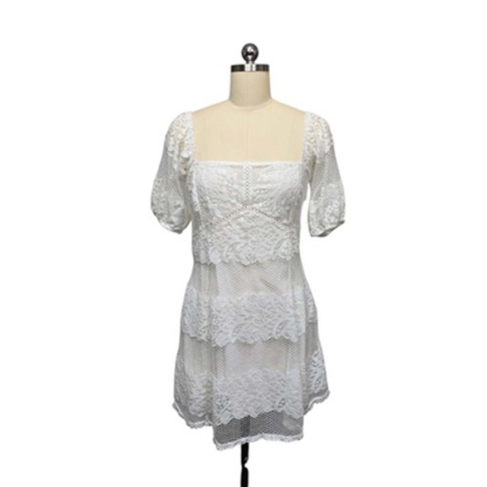 Free People Dress Womens Medium White Lace Mini Square Neck Puff Sleeve Boho